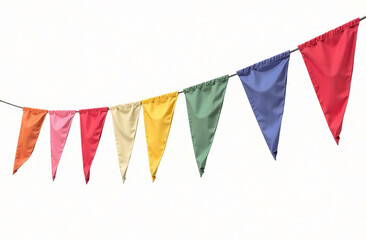 Fototapeta premium Bright multi-colored triangular flags on a white background. Holiday decor.