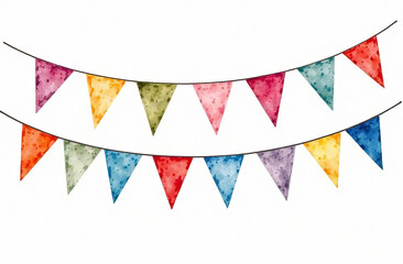 Fototapeta premium Bright multi-colored triangular flags on a white background. Holiday decor.