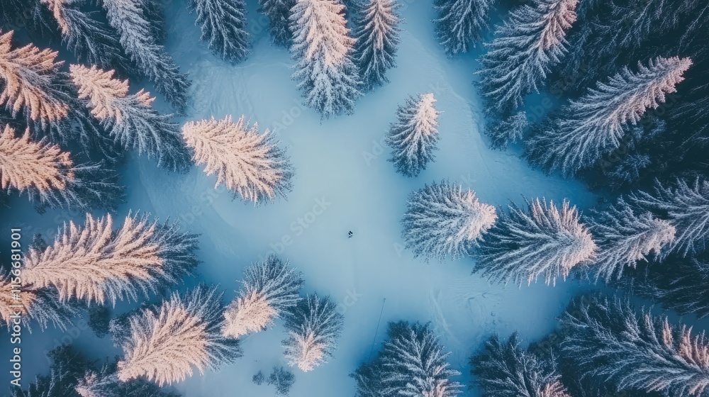 Poster aerial view of snow-covered evergreen trees creating a serene winter landscape in a snowy forest set