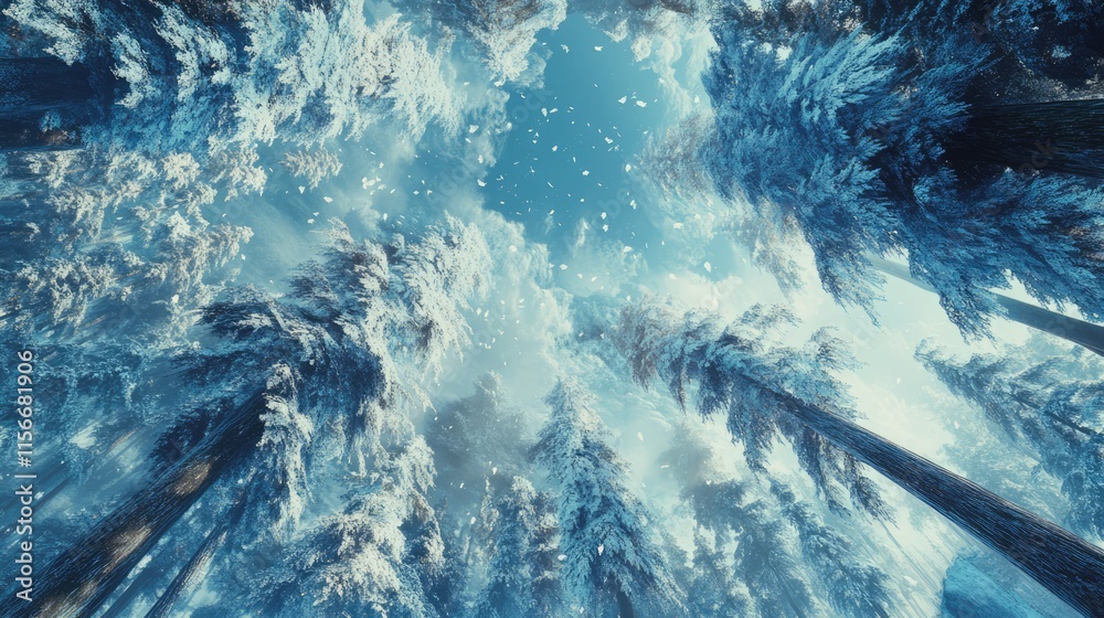 Poster majestic snow-covered trees in a serene forest with a clear blue sky above creating a tranquil winte