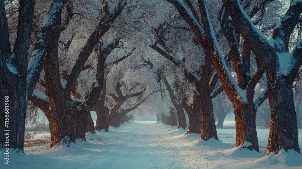 Poster snowy winter landscape featuring a serene pathway lined with snow-covered trees creating a tranquil 
