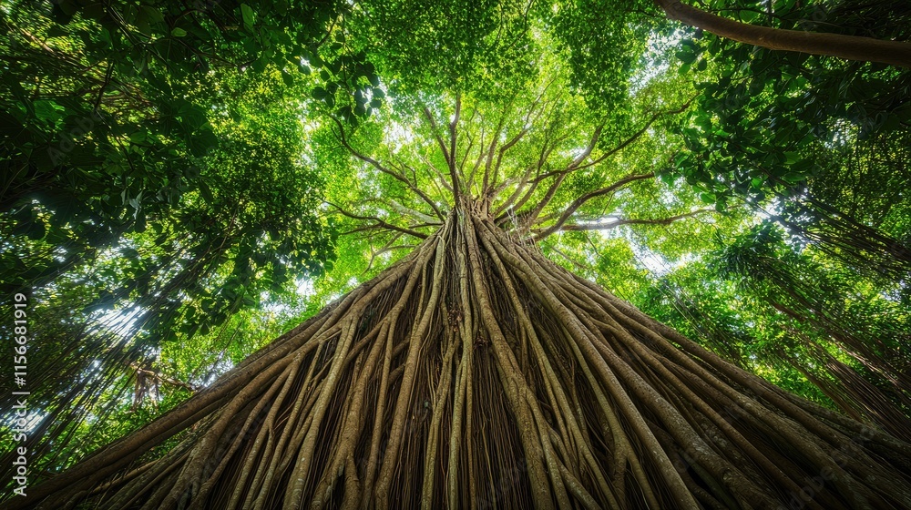 Aufkleber Majestic view of towering trees in a lush jungle showcasing vibrant greenery and intricate root structures in a serene natural setting