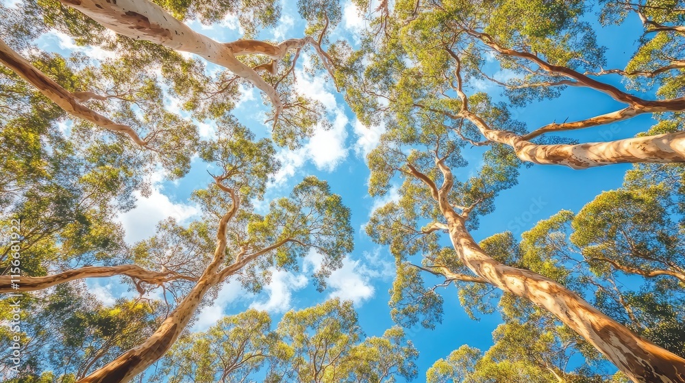 Aufkleber canopy of tall trees reaching towards a clear blue sky with fluffy white clouds in a serene natural 