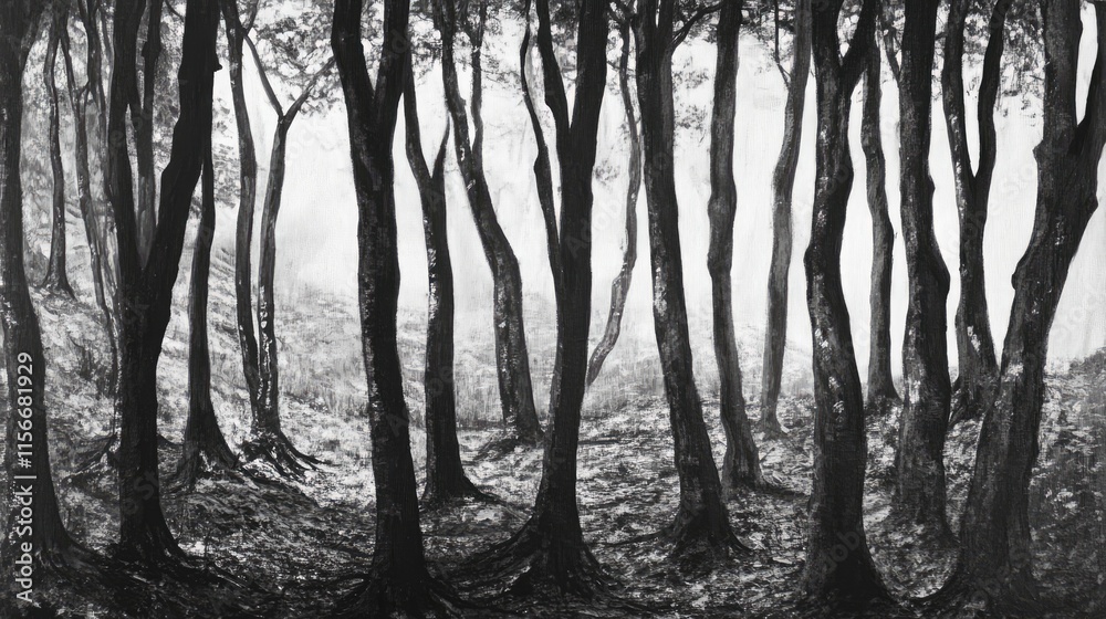 Poster misty forest scene with tall trees creating a serene and atmospheric black and white landscape photo