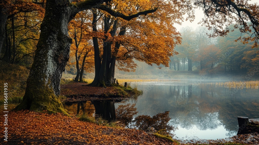Poster autumn trees reflecting in tranquil pond surrounded by misty atmosphere creating a serene natural la