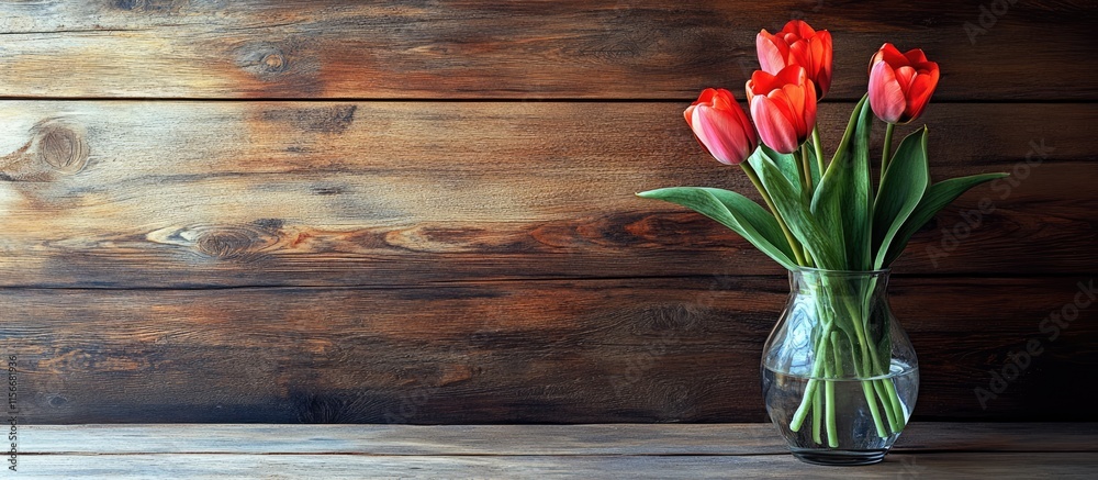 Aufkleber vibrant red tulips in a glass vase on rustic wooden background with ample negative space for text or