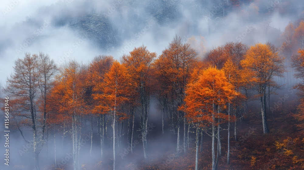 Poster Autumn forest landscape with fog enveloping vibrant orange and yellow trees creating a serene and mystical atmosphere