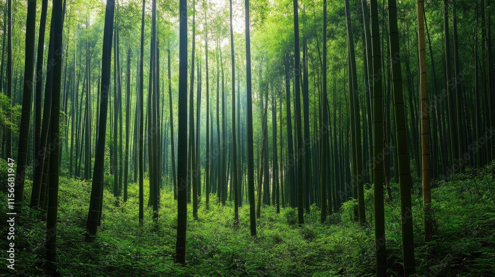 Poster lush bamboo forest with tall asian plantain trees creating a serene and tranquil natural environment