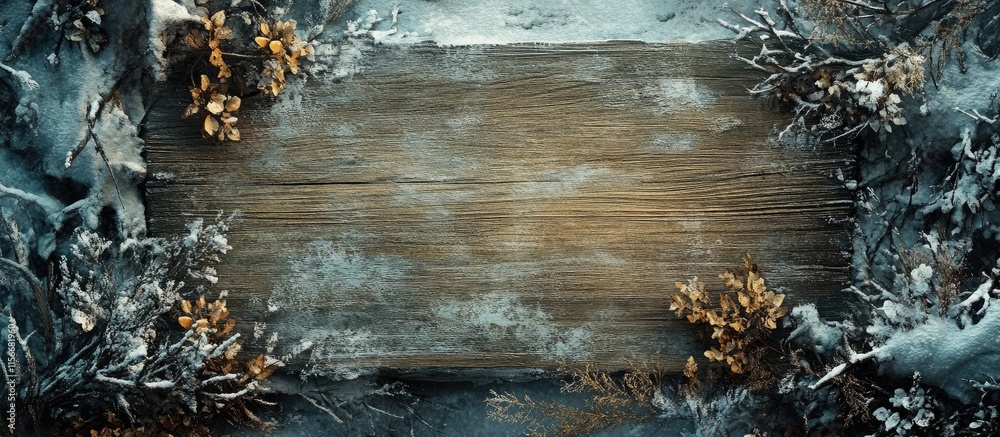 Poster wooden plank surrounded by snow-covered trees and foliage creating a rustic winter background for te