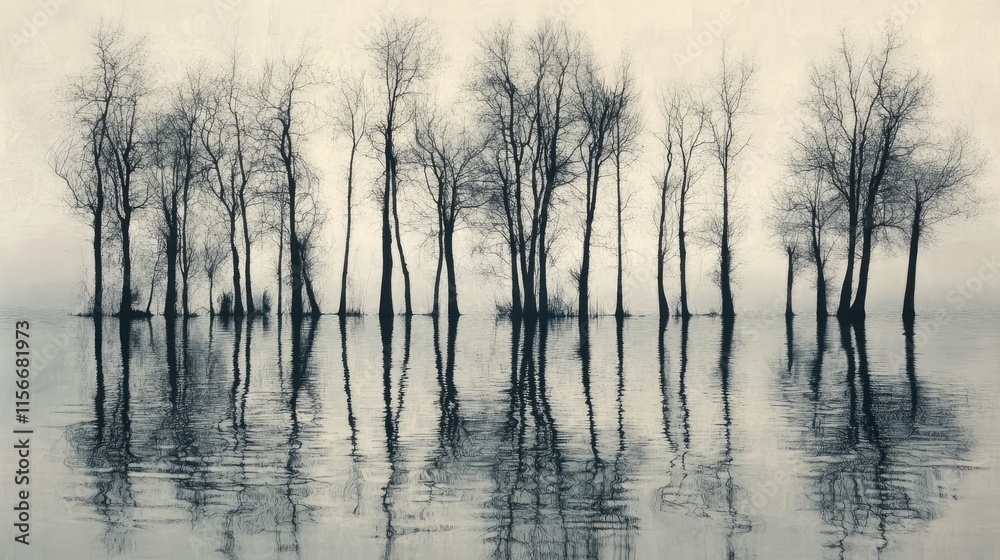 Poster silhouetted trees reflecting on calm water in a serene, misty landscape creating a tranquil atmosphe