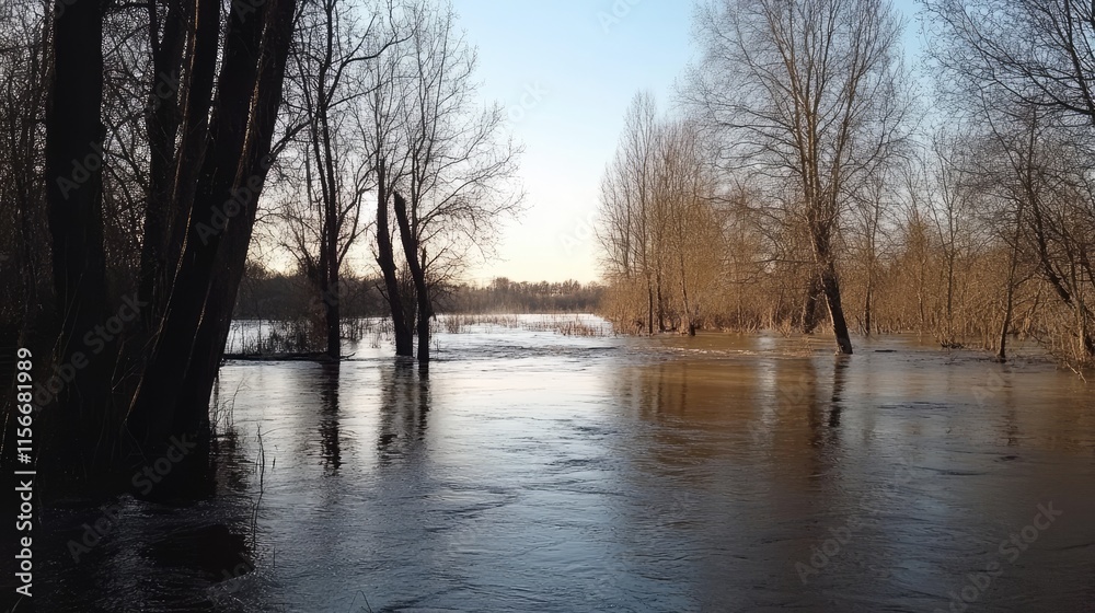 Aufkleber trees reflecting in floodwaters during spring sunlight showcasing the natural beauty of an overflowi
