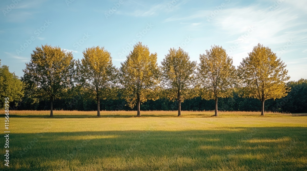 Poster lush green landscape with a row of trees under a clear blue sky in a serene outdoor setting during d