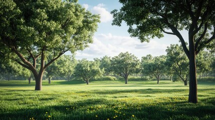 Obraz premium Lush green trees in a serene countryside landscape under a bright blue sky with fluffy clouds and a vibrant grassy field