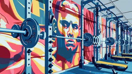 A vibrant gym interior featuring weightlifting equipment and a striking mural.
