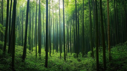 Lush bamboo forest with tall Asian plantain trees creating a serene and tranquil natural environment under soft sunlight.