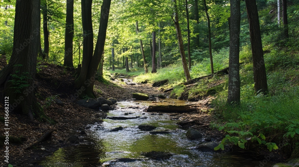Poster serene forest landscape with sunlight filtering through trees by a gentle creek surrounded by lush g
