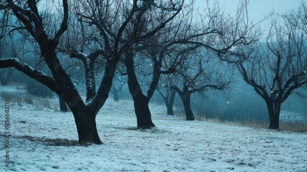 Poster winter landscape of bare apple trees in an orchard surrounded by snow showcasing a serene and tranqu