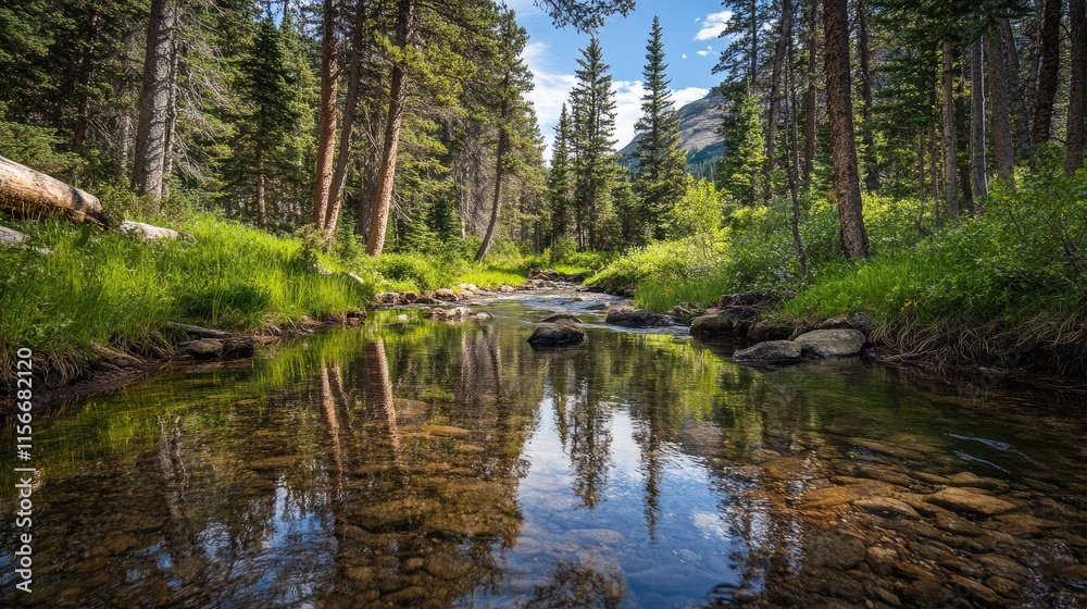 Aufkleber serene forest scene with trees reflecting in calm stream waters under a bright sky