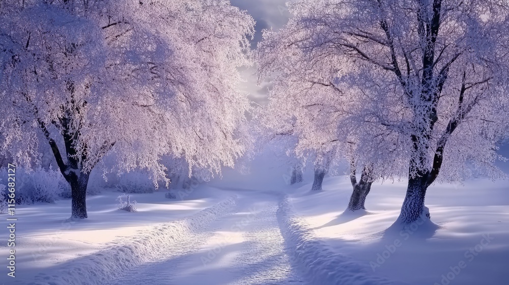 Poster Winter landscape with frosted trees creating a serene and magical atmosphere in a snowy setting under soft sunlight