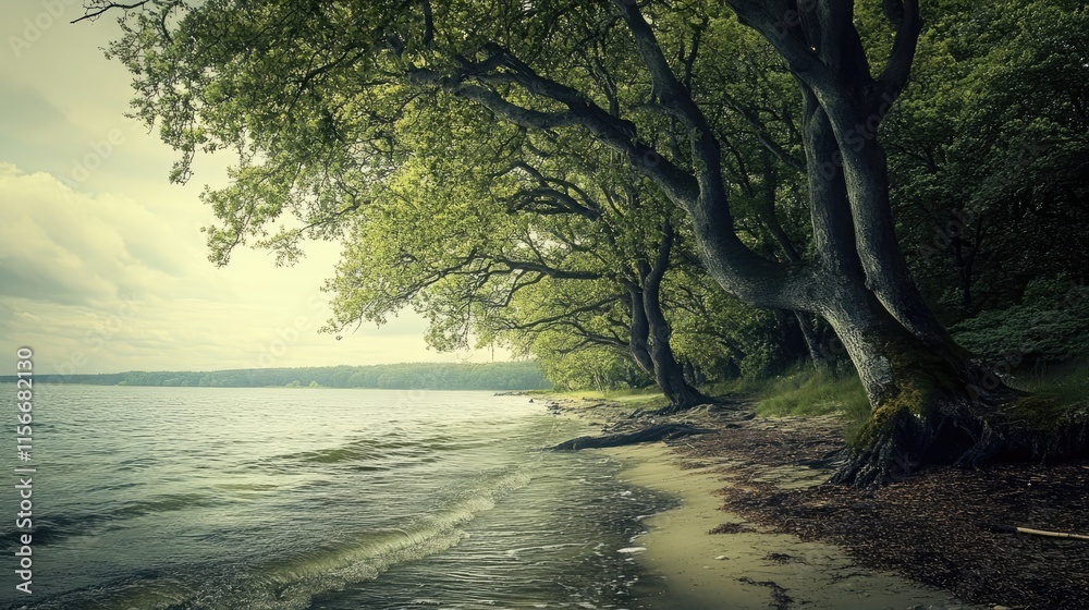 Aufkleber serene shoreline with lush green trees reflecting calm waters under a soft cloudy sky at a picturesq