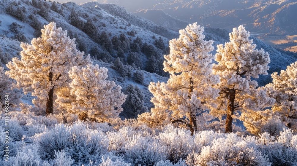 Aufkleber frosty trees in snowy mountains illuminated by sunlight creating a serene winter landscape scene