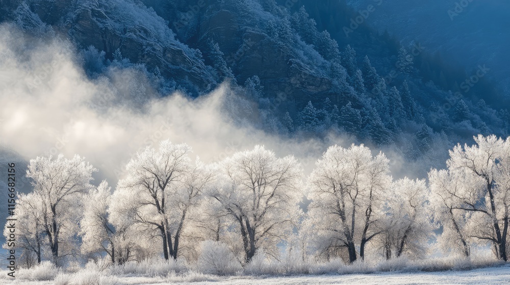 Poster frosted trees under a blue sky with mountains in the background creating a serene winter landscape s