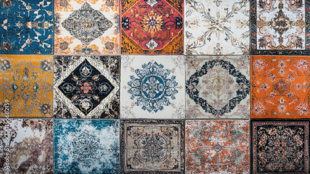 Poster Colorful Turkish carpets showcasing intricate patterns in a vibrant, diverse layout creating a beautiful textile design display.