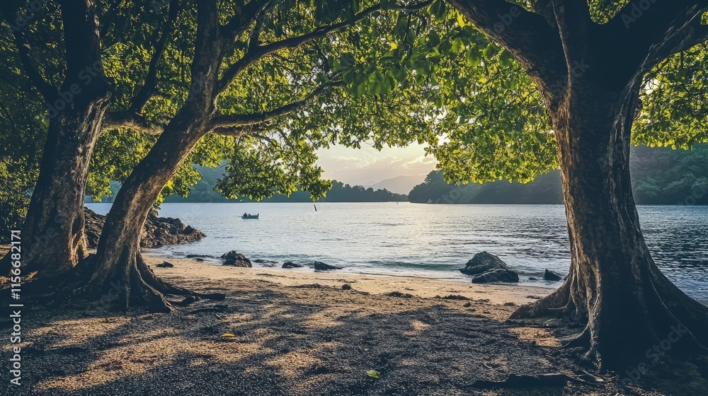 Poster serene beach view framed by lush trees capturing the tranquility of nature at dawn or dusk by the wa
