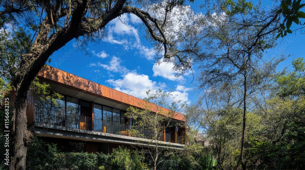 Poster Treetop view of a modern building under a blue sky with soft focus highlights showcasing nature and architecture harmony