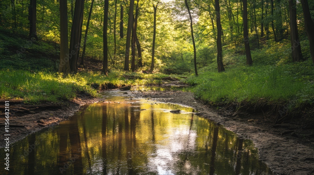 Poster Sunlit forest scene with trees reflecting in a tranquil creek surrounded by lush greenery creating a peaceful natural environment.