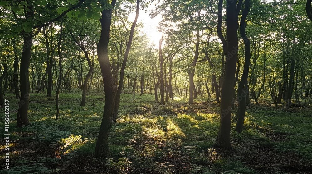 Poster serene forest landscape with sunlight filtering through lush trees creating a tranquil and peaceful 