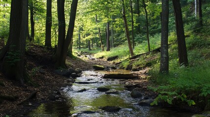Serene forest landscape with sunlight filtering through trees by a gentle creek surrounded by lush greenery and scattered stones