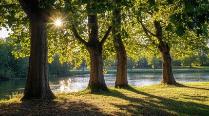 Serene Trees Casting Shadows on River Bank with Sunlight Glimmering Through Leaves