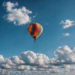 Fototapeta premium A single colorful balloon soaring high in a clear blue sky with fluffy white clouds.