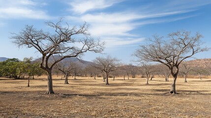 Obraz premium Tropical trees in dry season showcasing bare branches yet retaining life amidst harsh weather conditions in a serene landscape.