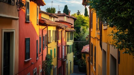 Fototapeta premium Colorful buildings lining a serene street in a peaceful town. The sunset casts a warm glow on the vibrant walls.
