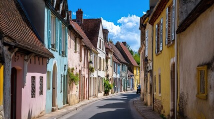 Fototapeta premium Charming Street in a Colorful Village with Quaint Houses and Bright Blue Skies