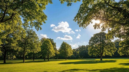 Serene landscape with lush green trees under a clear blue sky and fluffy clouds on a sunny day in the countryside.