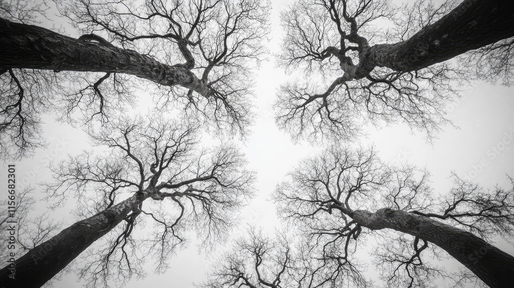 Aufkleber View of bare trees from ground level creating a dramatic upward perspective in a foggy park scene