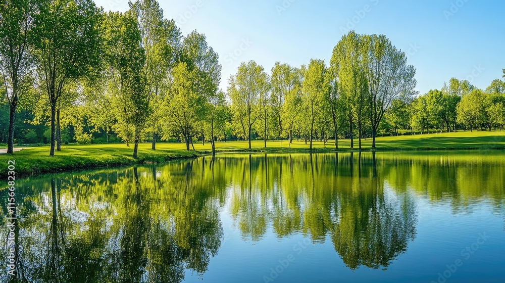 Poster serene landscape of lush green trees reflecting in a calm pond under clear blue skies creating a tra