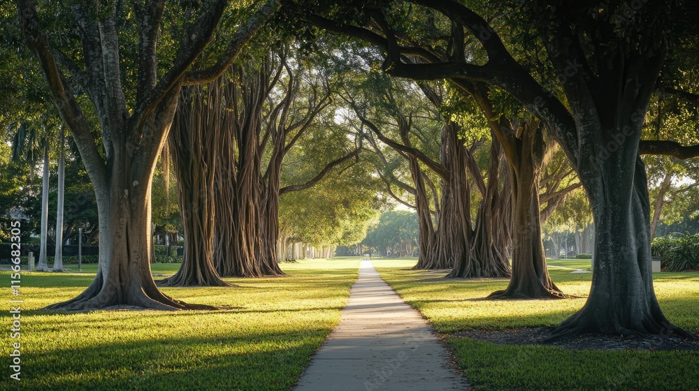 Aufkleber sunlit pathway through a lush green park lined with majestic trees creating a serene and picturesque