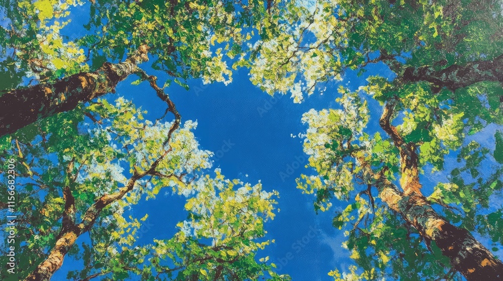 Poster lush green treetops framing a bright blue sky creating a serene and tranquil natural atmosphere in a