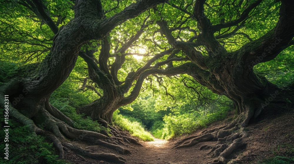 Poster majestic ancient trees framing a sunlit pathway in a lush forest captured during golden hour tranqui