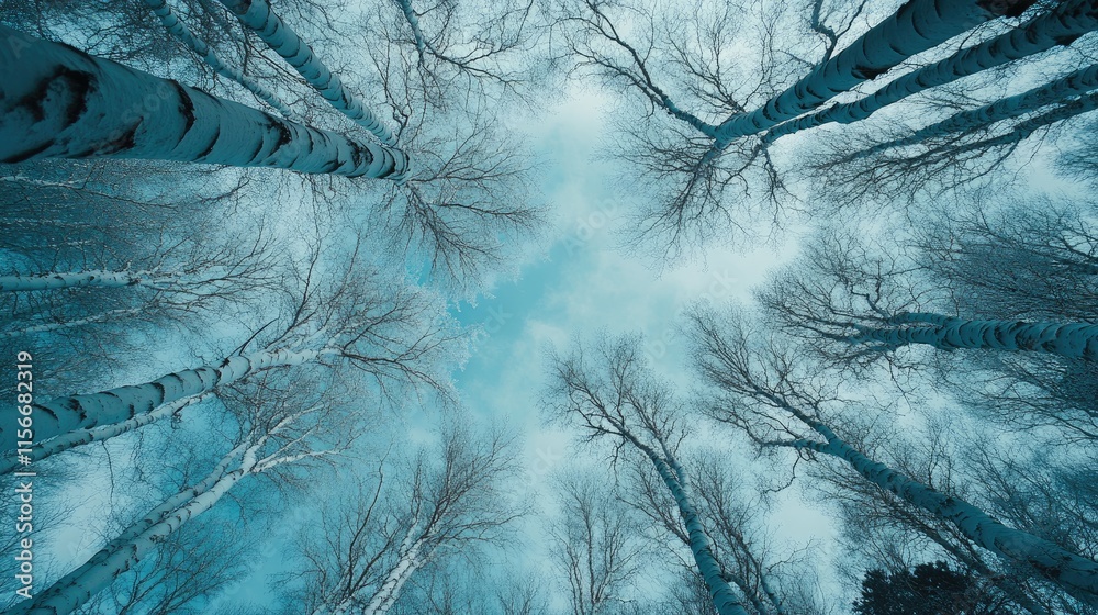 Poster winter forest landscape with bare birch trees against a blue sky creating a serene and tranquil natu