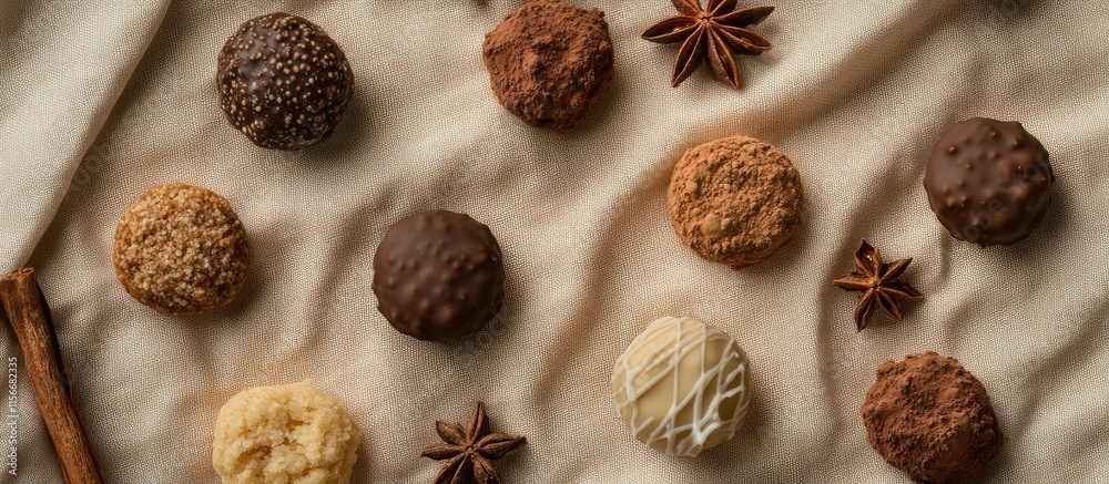 Poster Assorted truffle cookies with anise and chocolate arranged on a soft linen surface for an elegant culinary presentation.