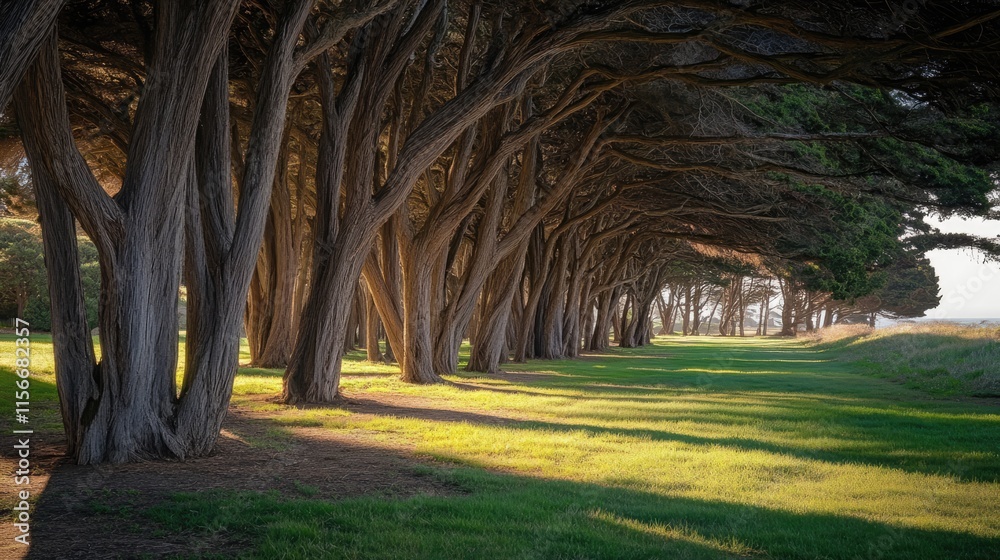 Aufkleber wooded pathway in state park with sunlight filtering through trees on a serene day