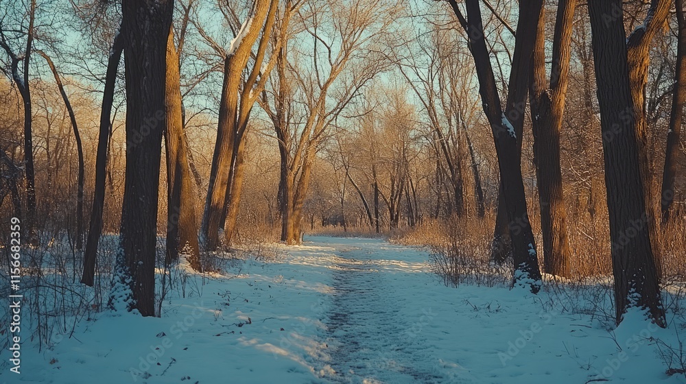 Poster winter wonderland scenic pathway through snow-covered forest with frosted trees and tranquil atmosph