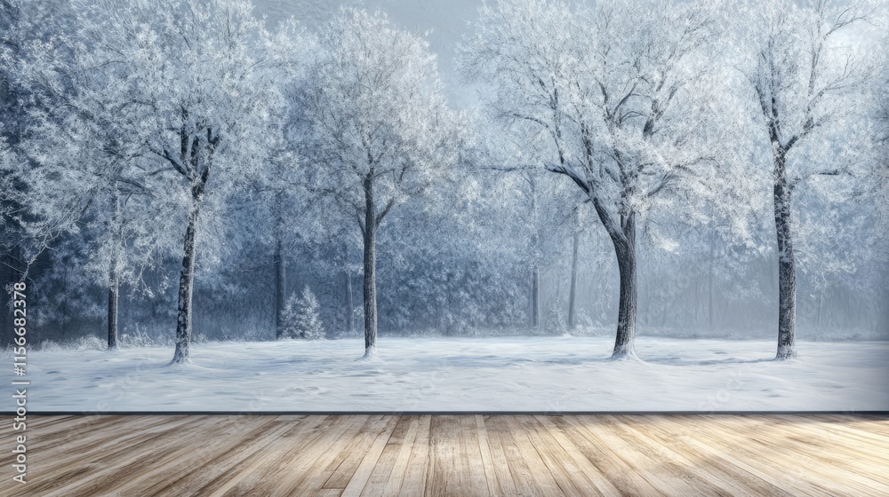 Poster snow-covered winter landscape with frosted trees in a serene nature setting and wooden floor interio