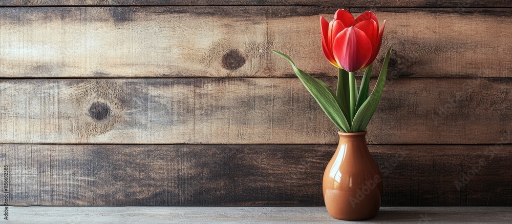 Aufkleber Vibrant red tulip in a rustic vase on a wooden table with ample space for text and branding, ideal for floral or decor themes.