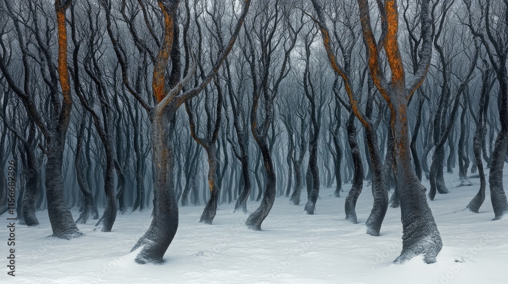 Poster Twisted Trees in a Snowy Forest Creating a Mystical and Serene Winter Landscape with Bare Branches and Soft Snow Covering the Ground